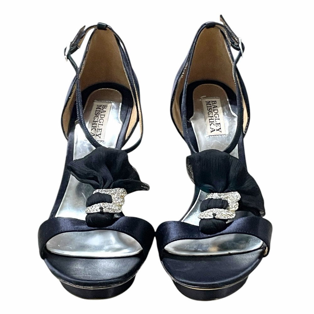 Badgley Mischka Women 10 Heels Open Toe Satin Rhinestone Stiletto Platform Black - Picture 4 of 16